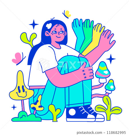 Psychedelic trip party. Rave camp. Character taking drugs and mushrooms at festival campsite. Hallucinating, trippy woman. Flat vector illustration Psychedelic trip party. Rave camp. Character taking drugs and mushrooms at festival campsite. Hallucinating, trippy woman. Flat vector illustration 118682995