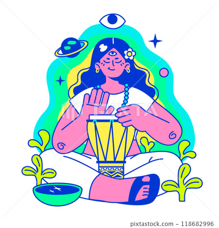 Psychedelic trip party. Rave camp. Character drinking alcohol, taking drugs, mushrooms and smoking weed at festival campsite. Flat vector illustration 118682996
