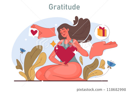 Positive psychology. Optimistic mindset, self acceptance and well-being. Young woman feeling grateful and thankful. Girl show gratitude and kindness. Flat vector illustration 118682998