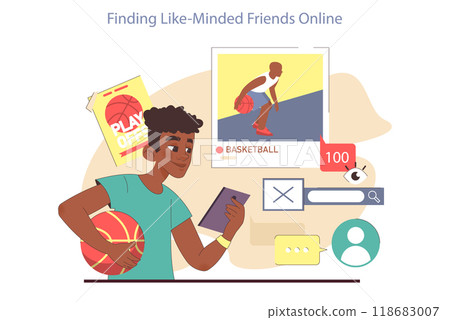 Positive aspect of social networks. Teenage character meeting like-minded friends, communicating and sharing stuff through the internet. Global connection and networking. Flat vector illustration 118683007