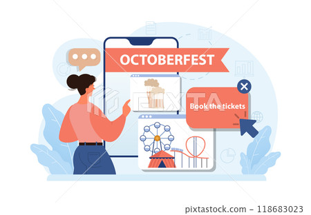 Oktoberfest festival. Cheerful Bavarian people or tourists. Character booking tickets for the event online on website. Traditional annual beer carnival in Germany. Flat vector illustration Oktoberfest festival. Cheerful Bavarian people or tourists. Character booking tickets for the event online on website. Traditional annual beer carnival in Germany. Flat vector illustration 118683023