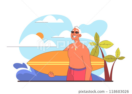 Senior character in a swimming shorts spending time on the beach. Old man holding a surfboard, surfing in sea or ocean. Popular extreme sport, recreation or activity. Flat vector illustration Senior character in a swimming shorts spending time on the beach. Old man holding a surfboard, surfing in sea or ocean. Popular extreme sport, recreation or activity. Flat vector illustration 118683026