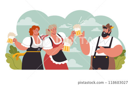 Oktoberfest festival. Cheerful Bavarian pub worker in a national costume. Character holding a full glass of beer with foam. Traditional annual beer carnival in Germany. Flat vector illustration Oktoberfest festival. Cheerful Bavarian pub worker in a national costume. Character holding a full glass of beer with foam. Traditional annual beer carnival in Germany. Flat vector illustration 118683027