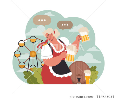 Oktoberfest festival. Cheerful Bavarian pub worker in a national costume. Character holding a full glass of beer with foam. Traditional annual beer carnival in Germany. Flat vector illustration 118683031