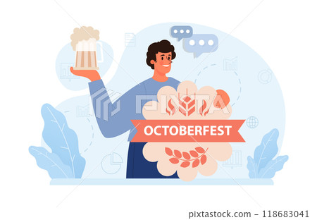 Oktoberfest festival. Cheerful Bavarian people or tourists. Character holding a full glass of beer with foam. Traditional annual beer carnival in Germany. Flat vector illustration 118683041