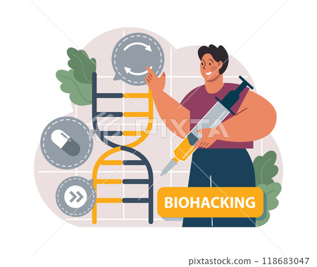 Biohacking. Health' engineering and improving with modern monitoring system, supplements, diet, and lifestyle changes. Human biological well-being and youth maintaining. Flat vector illustration 118683047