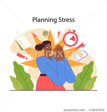 Planning and organization of tasks on board. Character planning or checking task, appointment or assignment in a planner. Time table organization for performance efficiency. Flat vector illustration 118683050