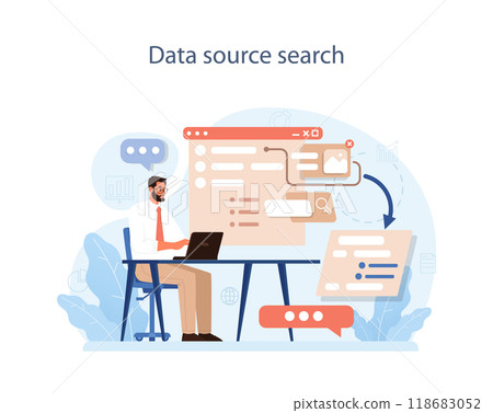 Predictive analytics. Process of using data to forecast future outcome. Business ideas or decisions development. Character searching for a data source. Outlook or forecast. Flat vector illustration Predictive analytics. Process of using data to forecast future outcome. Business ideas or decisions development. Character searching for a data source. Outlook or forecast. Flat vector illustration 118683052