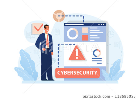 Cyber or web security set. Artificial intelligence provide data protection and database safety of a digital device. Protection of the internet access, cyber attack prevention. Flat vector illustration Cyber or web security set. Artificial intelligence provide data protection and database safety of a digital device. Protection of the internet access, cyber attack prevention. Flat vector illustration 118683053