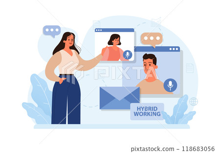 Hybrid work. Characters with a flexible schedule, working from office and home. Telework and outsource, employee work globaly. Digital nomad or freelancer idea. Flat vector illustration 118683056