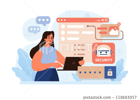 Cyber or web security set. Artificial intelligence provide data protection and database safety of a digital device. Protection of the internet access, cyber attack prevention. Flat vector illustration 118683057