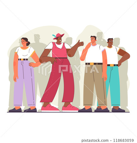 Uniqueness and individuality. Character standing out from the crowd. Original individuality, different appearance. Flat vector illustration 118683059