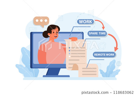 Hybrid work. Characters with a flexible schedule, working from office and home. Telework and outsource, employee work globaly. Digital nomad or freelancer idea. Flat vector illustration 118683062