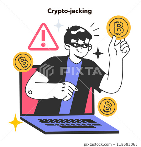 Cryptojacking. Hidden unauthorized use of people's devices for cryptocurrency mining. Cybercriminal penetration, usage of computing power to generate crypto money. Flat vector illustration 118683063
