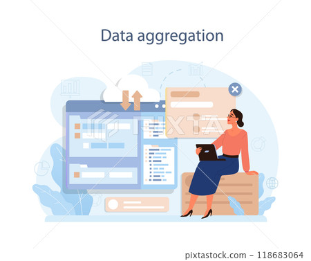 Predictive analytics. Process of using and processing data to forecast future outcome. Business ideas or decisions development. Character aggregating data for research. Flat vector illustration 118683064