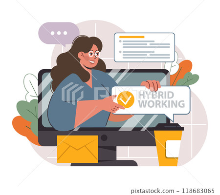 Hybrid work. Characters with a flexible schedule, working from office and home. Telework and outsource, employee work globaly. Digital nomad or freelancer idea. Flat vector illustration Hybrid work. Characters with a flexible schedule, working from office and home. Telework and outsource, employee work globaly. Digital nomad or freelancer idea. Flat vector illustration 118683065