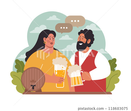 Oktoberfest festival. Cheerful Bavarian people or tourists. Character holding a full glass of beer with foam. Traditional annual beer carnival in Germany. Flat vector illustration 118683075