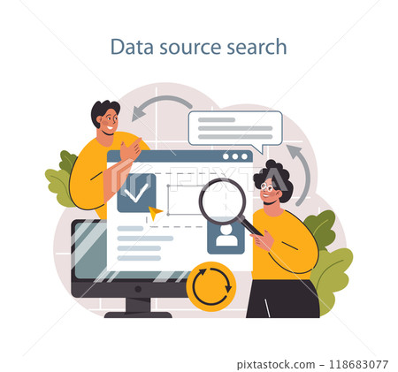 Predictive analytics. Process of using data to forecast future outcome. Business ideas or decisions development. Character searching for a data source. Outlook or forecast. Flat vector illustration Predictive analytics. Process of using data to forecast future outcome. Business ideas or decisions development. Character searching for a data source. Outlook or forecast. Flat vector illustration 118683077