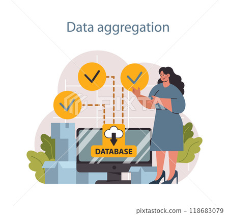 Predictive analytics. Process of using and processing data to forecast future outcome. Business ideas or decisions development. Character aggregating data for research. Flat vector illustration 118683079