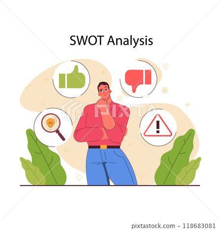 Planning and organization. Character planning and making a decision with a swot analysis. Time table organization, strengths, weaknesses, opportunities and threats. Flat vector illustration Planning and organization. Character planning and making a decision with a swot analysis. Time table organization, strengths, weaknesses, opportunities and threats. Flat vector illustration 118683081