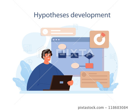 Predictive analytics. Process of using and processing data to forecast future outcome. Business ideas or decisions development. Character developing a hypothesis. Flat vector illustration 118683084