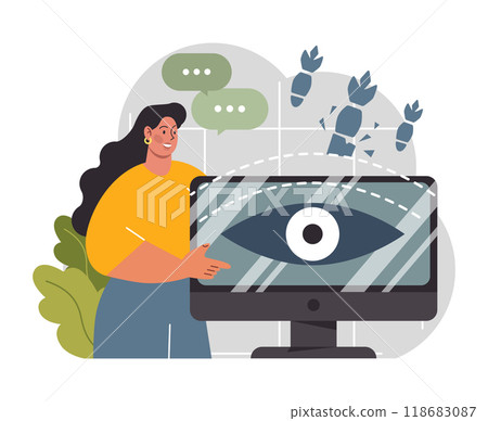 Cyber or web security set. Artificial intelligence provide data protection and database safety of a digital device. Protection of the internet access, cyber attack prevention. Flat vector illustration 118683087