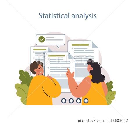 Predictive analytics. Process of using and processing data to forecast future outcome. Business ideas or decisions development. Character analysing statistical information. Flat vector illustration Predictive analytics. Process of using and processing data to forecast future outcome. Business ideas or decisions development. Character analysing statistical information. Flat vector illustration 118683092