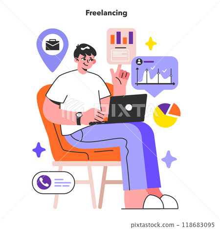 Freelancing. Male character working remotely through the internet. Idea of jop independency and free flexible schedule. Digital nomad idea. Flat vector illustration Freelancing. Male character working remotely through the internet. Idea of jop independency and free flexible schedule. Digital nomad idea. Flat vector illustration 118683095