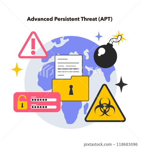 APT or Advanced persistent threat. Malicious actor, state or state-sponsored group cyber attack or crime. Hazard damage of large computer system. Flat vector illustration 118683096