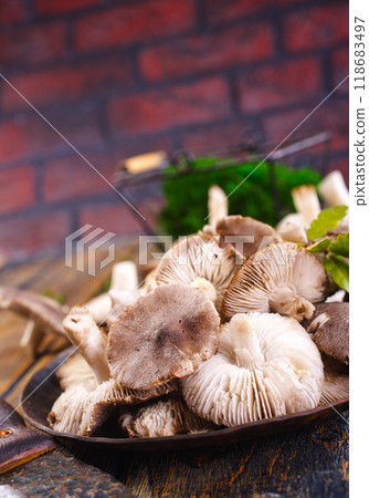 Pile of fresh mushrooms on wooden table 118683497