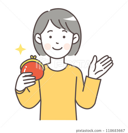 Upper body illustration of a woman holding a wallet and guiding her around 118683667