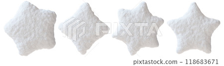 Set of snowy stars, isolated on white background. Each star is perfectly shaped with soft fluffy texture. Ideal for winter-themed designs, holiday or seasonal graphics. Christmas, New Year. 3D render. 118683671