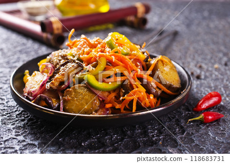 Summer Vegetable spicy stew of zucchini, potatoes, peppers, onions, tomatoes and eggplant 118683731