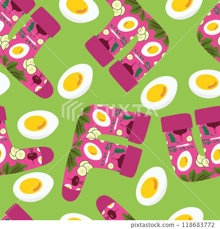 Hand drawn pair of socks. Pink soup pattern. Green background. eggs on background. Lithuanian soup. 118683772