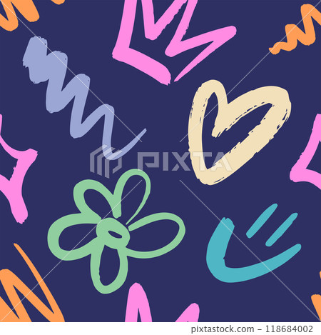 Playful Graffiti Seamless Pattern in Neon Colors. Urban typography print with Smile, Crown, Heart, Daisy. Abstract graphic underground unisex design for t-shirts and sweatshirt for teenagers. 118684002