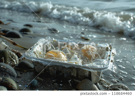a plastic packaging, in the beach coast, pollution, garbage. 118684460
