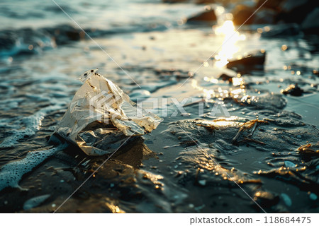 a plastic packaging, in the beach coast, pollution, garbage. 118684475