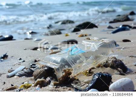 a plastic packaging, in the beach coast, pollution, garbage. 118684484