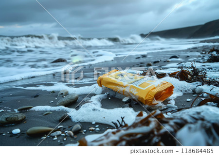 a plastic packaging, in the beach coast, pollution, garbage. 118684485