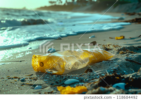 a plastic packaging, in the beach coast, pollution, garbage. 118684492
