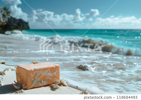 a plastic packaging, in the beach coast, pollution, garbage. 118684493