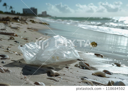 a plastic packaging, in the beach coast, pollution, garbage. 118684502