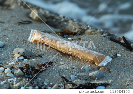 a plastic packaging, in the beach coast, pollution, garbage. 118684503