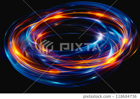 neon light swirls dancing in colorful or pastel with vivid streaks, isolated on a black background. 118684736
