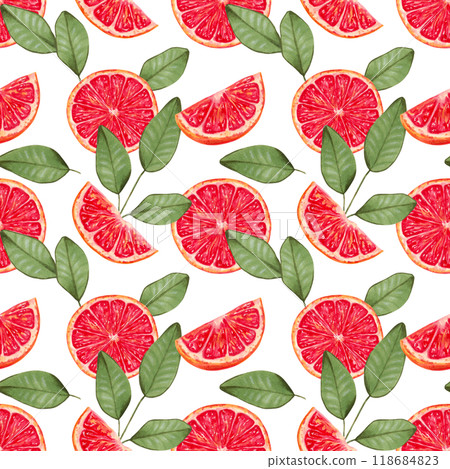 Seamless background of grapefruit slices with leaves. Watercolor, marker illustration. Red citrus pieces. Hand drawn isolated art. Eco fruit wallpaper for fabric and kitchen textile, oil packaging 118684823