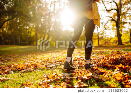 Close-up of feet in hiking boots in clearing among fallen leaves in sunny autumn park. outdoor walk. 118685022