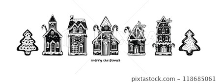 Christmas gingerbread house icon, holiday cookie festive collection, winter vector New Year pastry.  118685061