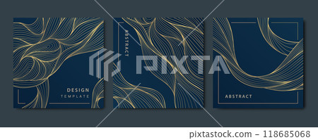 Vector set of wave line gold on blue square cards, sea patterns, fluid premium illustrations, luxury graphic. 118685068