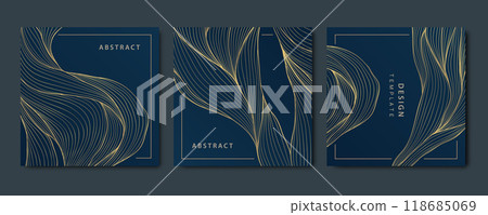 Vector set of wave line gold on blue square cards, sea patterns, fluid premium illustrations, luxury graphic. 118685069
