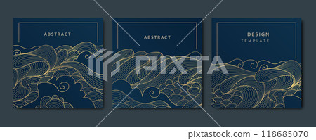 Vector set of wave line gold on blue square cards, sea patterns, fluid premium illustrations, luxury graphic. 118685070
